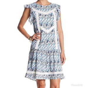 R & J COUTURE Drop Waist Floral Crochet Midi‎ Dress Boho Blue White Medium New